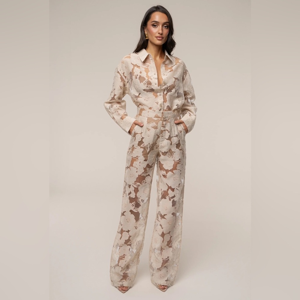JLUXLABEL Sheer Floral Blouse and Pants  in Cream and Tan